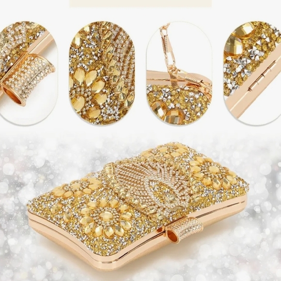 Womens Evening Gold Clutch Bag with Rhinestone - Picture 3 of 5